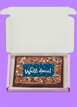 <p>Introducing the baked delights of Simply Cake Co: the perfect treats to make an occasion extra special (and sweet), delivered directly through your loved one's letterbox!</p>
<p>Why just send a card to say congrats when you can send them a mind-blowingly good brownie as well? Treat a loved one with a super gooey, sharing-size slab of chocolate brownie - it's what they deserve for a job well done! This indulgent brownie slab is topped with real Belgian chocolate, white, milk and dark chocolate sprinkles, and an edible 'Well done!' design for the finishing touch!</p>
<p>These are handmade in the UK with the best ingredients including proper butter, free-range eggs, Belgian chocolate AND gluten free flour so that more people can enjoy their great taste! Simply Cake Co. baked goods&nbsp;are packed full of chocolate, which gives them a shelf life of a good 10 days on arrival. Keep them wrapped up tight, or freeze if you want to keep them longer! Serves 4.</p>
<p><strong>Please note that this product is fulfilled by our partner Simply Cake Co. and therefore will be sent separately to our other cards and gifts.</strong></p>
<p>Ingredients:</p>
<p>Caster sugar, Chocolate (Cocoa mass, Sugar, Cocoa butter, whole&nbsp;<strong>MILK&nbsp;</strong>powder, emulsifier&nbsp;<strong>SOY&nbsp;</strong>Lecithin, Natural Vanilla flavouring), White Chocolate (Sugar, Cocoa butter, whole&nbsp;<strong>MILK&nbsp;</strong>powder, emulsifier&nbsp;<strong>SOY</strong>&nbsp;Lecithin, Natural Vanilla flavouring), Butter (<strong>MILK</strong>, salt), free-range&nbsp;<strong>EGG</strong>, gluten-free flour blend (pea, rice, potato, tapioca, maize, buckwheat), cocoa powder, mixed chocolate sprinkles (sugar, whole&nbsp;<strong>MILK&nbsp;</strong>powder, cocoa butter, cocoa mass, skimmed&nbsp;<strong>MILK</strong>&nbsp;powder, emulsifier&nbsp;<strong>SOYA</strong>&nbsp;lecithin, flavour, vanillin), xanthan gum, wafer paper (Potato Starch, Water, Olive Oil, maltodextrin) icing (Water, starch (maize), dried glucose syrup, humectant: glycerine, sweetner: sorbitol, colour: titanium dioxide, vegetable oil (rapeseed), thickener: cellulose, emulsifier: polysorbate 80 flavouring, vanillin, sucralose), colourings ( water, humectant, E1520, E422, food colouring ( e120, e122, acidity regulator e330, e151, e110, e102).</p>
<p><strong>For allergens please see above in bold.</strong>&nbsp;Made in a bakery that handles&nbsp;<strong>MILK, EGGS, SOYA, NUTS &amp; PEANUTS</strong>&nbsp;therefore may contain traces. Coeliac-friendly. Not suitable for vegetarians.</p>
